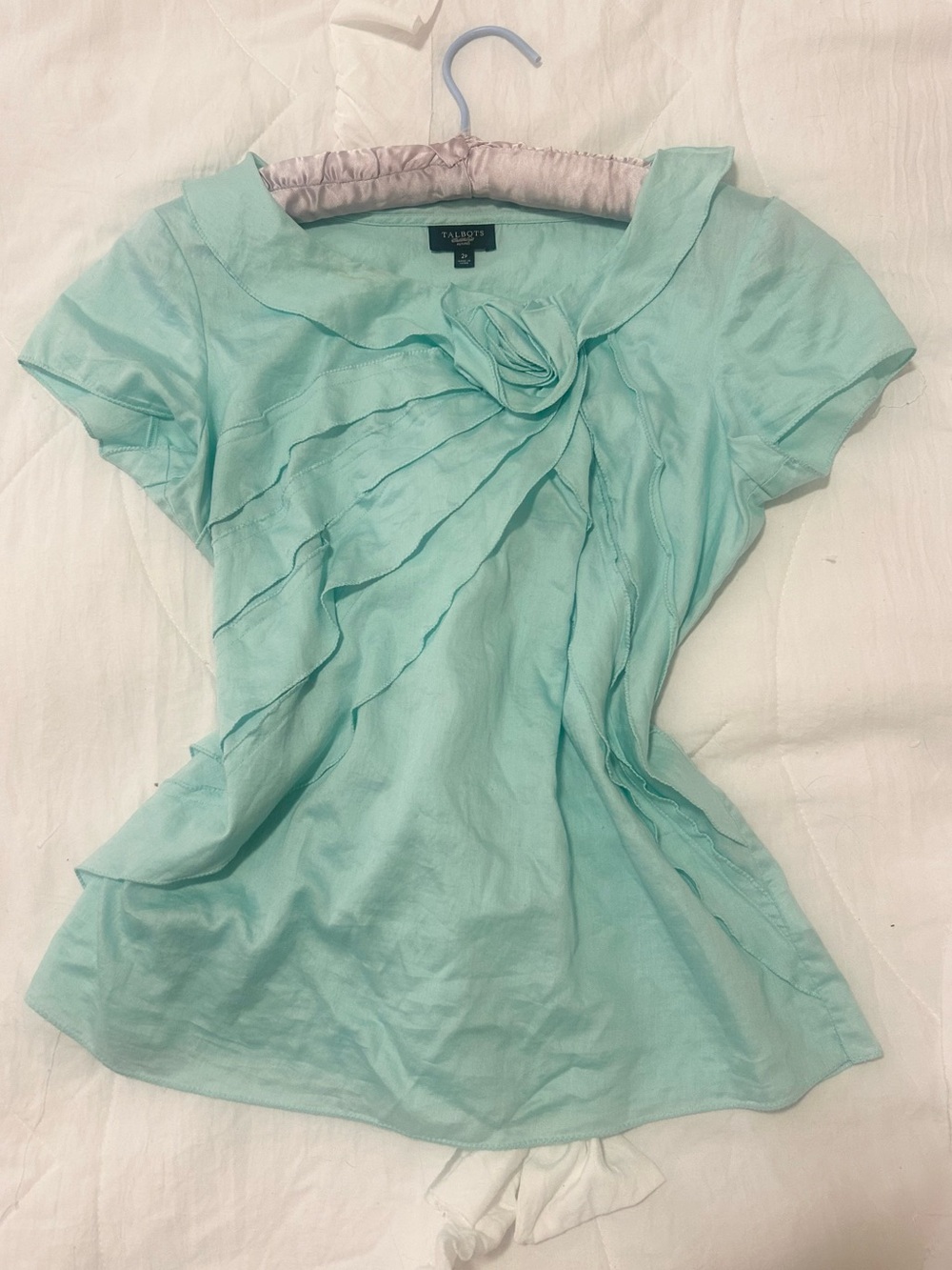 Talbots “tiffany blue” blouse with rose ruffle